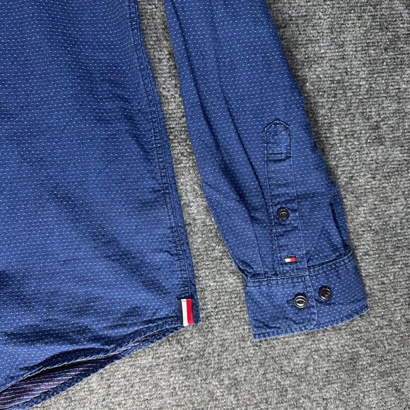 Tommy HIlfiger Shirt Mens Large Blue Dot Button Down Custom Fit Pocket Hem Logo - Picture 4 of 9